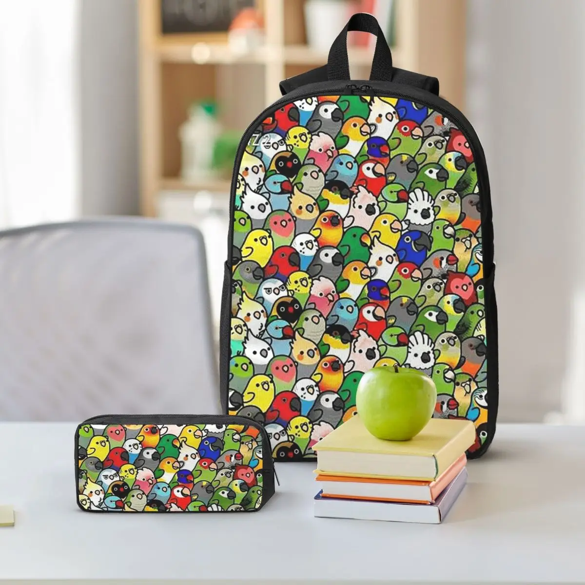 Birds Cockatiel Budgie Parrot Backpack Student BookBag School Bag Shoulder Bags 3ps Insulated Lunch Bag Pencil Case