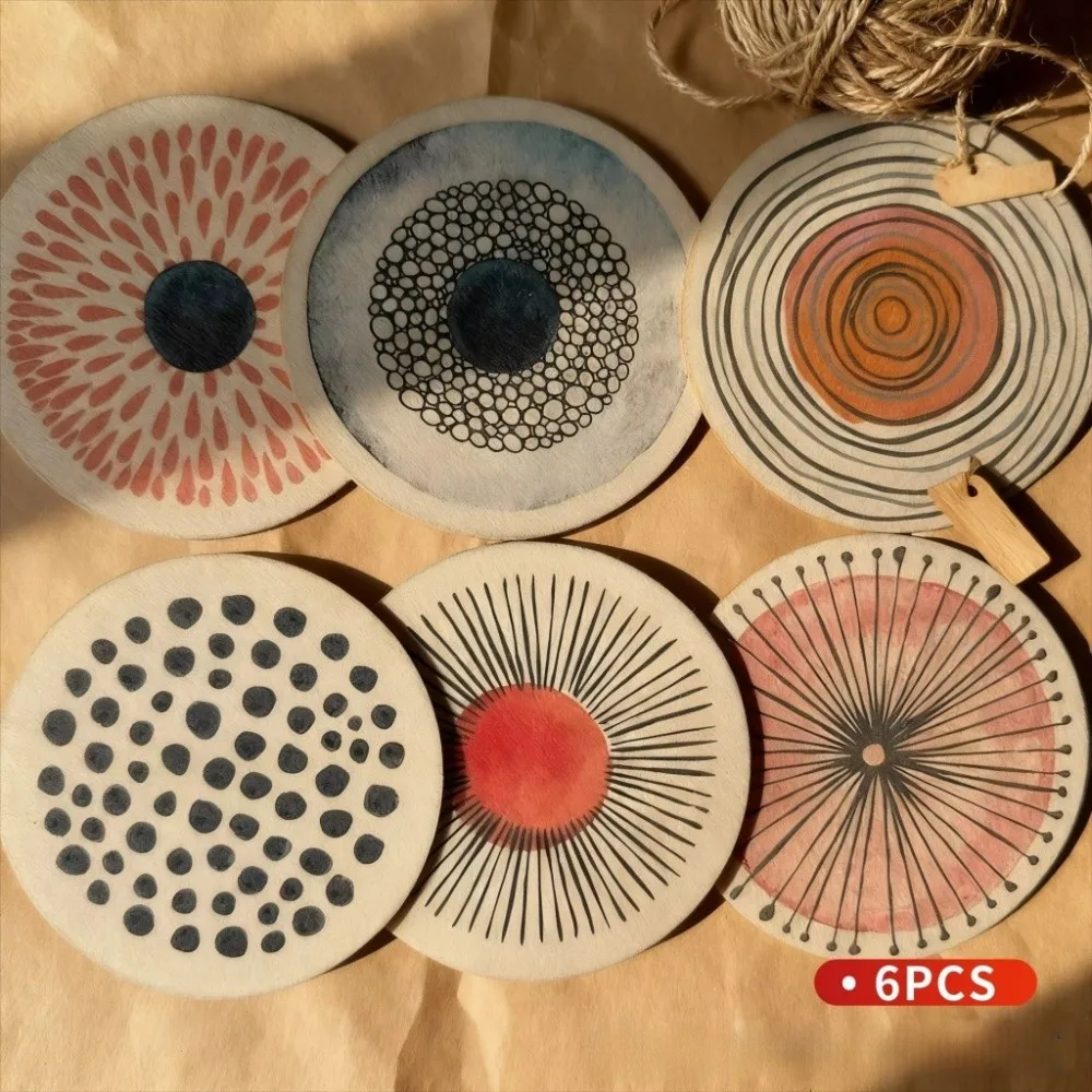 6Pcs/set Wooden Circular Patterned Coasters Round Eco-Friendly Decorative Coasters Heat Resistant Anti-slip Cup Mat