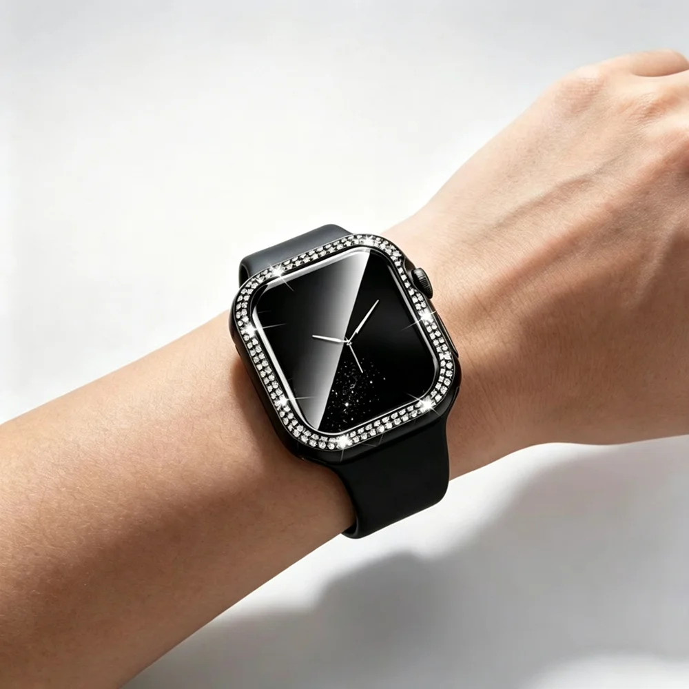 Diamond Cover For Apple watch Case S12 46MM 47MM Tempered Glass+Bling Bumper Screen Protector iWatch series 12 Protective Cover