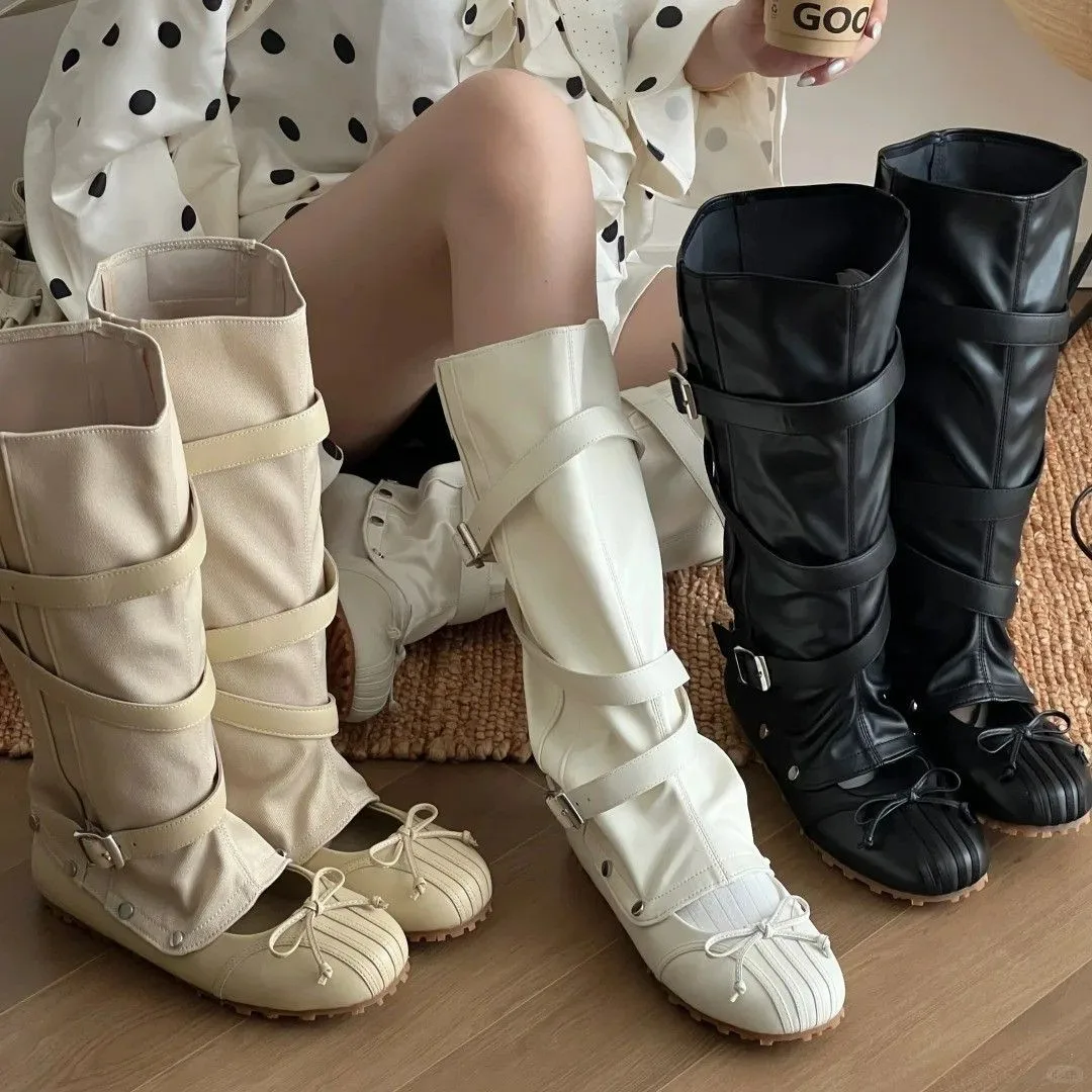 New Detachable Twoway Ballet Boots for WomenFrenchstyle Bow Flat Shoesretro Largecalf Boots That Slim The Legs,summer Cool Boots