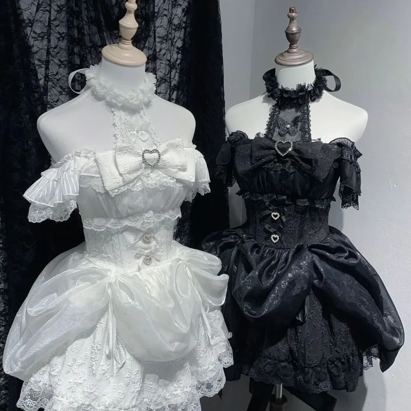 

Японское элегантное кружевное платье-халтер для женщин, черно-белое, милое, с бантом, облегающее, в стиле Y2K, Лолита, шикарный наряд принцессы, новинка 2026 года