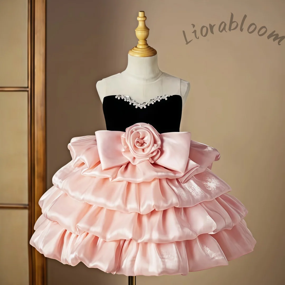 Pink Tulle Gown Girls' Bow Party Dress Girls' Formal Wear Flower Girl Dress Girls' Dress