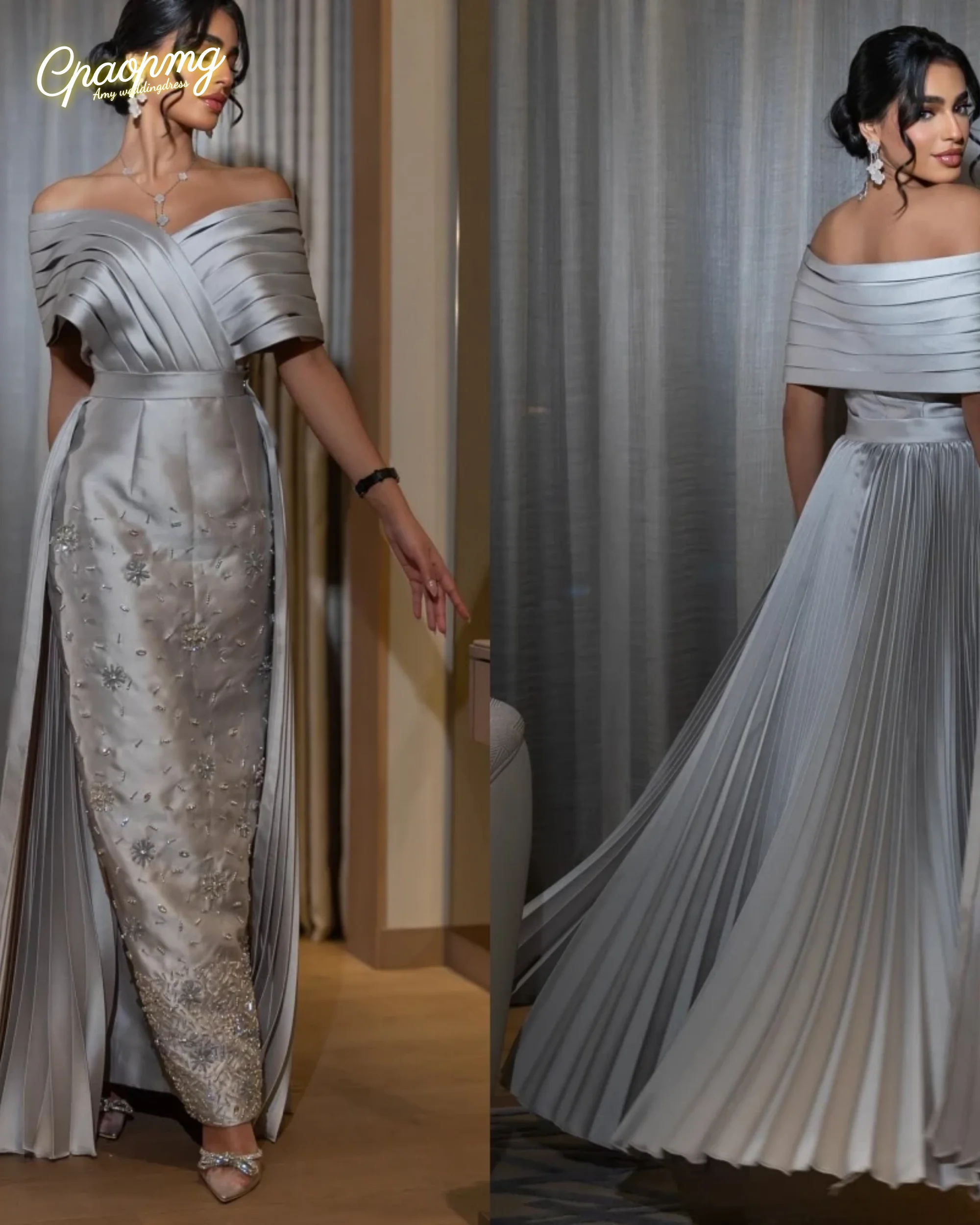 

Customized Sparkle Prom Satin Beading Evening Column Off-the-shoulder Bespoke Occasion Gown Midi Dresses