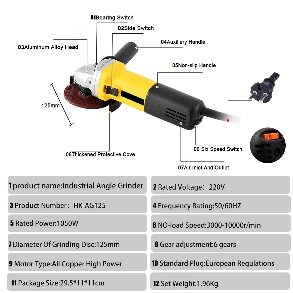 Imagem -05 - Máquina de Corte Moagem Ferramenta de Poder Angular Elétrica 6-variable Velocidade 11000rpm Máquina de Corte Moagem Ângulo 125 mm 1050w