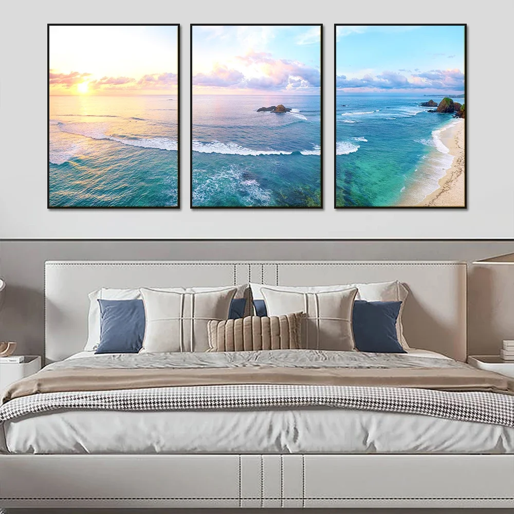 3-teiliges rahmenloses Leinwandbild mit Sonnenuntergang und Meereslandschaft für das Wohnzimmer, blaues Meer, weißer Strand, Meereslandschaft, Wandkunst, dekorativ