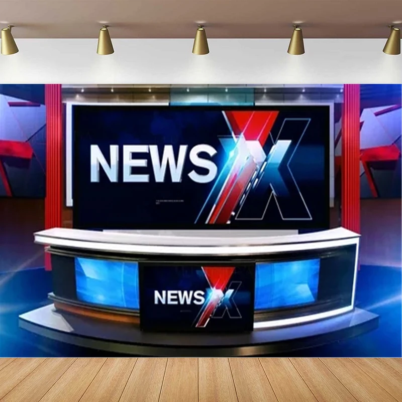 News Broadcast Hall Photography Backdrop Microphone TV Show Banner Record Recetation Desk Program Front Table Background
