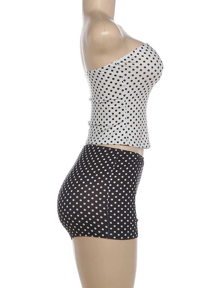 Kliou Sexy Modisches 2-Teiliges Set für Damen mit Polka-Dot-Print, Wickeloberteil, Rückenfreies Tanktop + Figurbetonte Pfirsichfarbene Hüftshorts, High-Street-Outfits – Detail 4