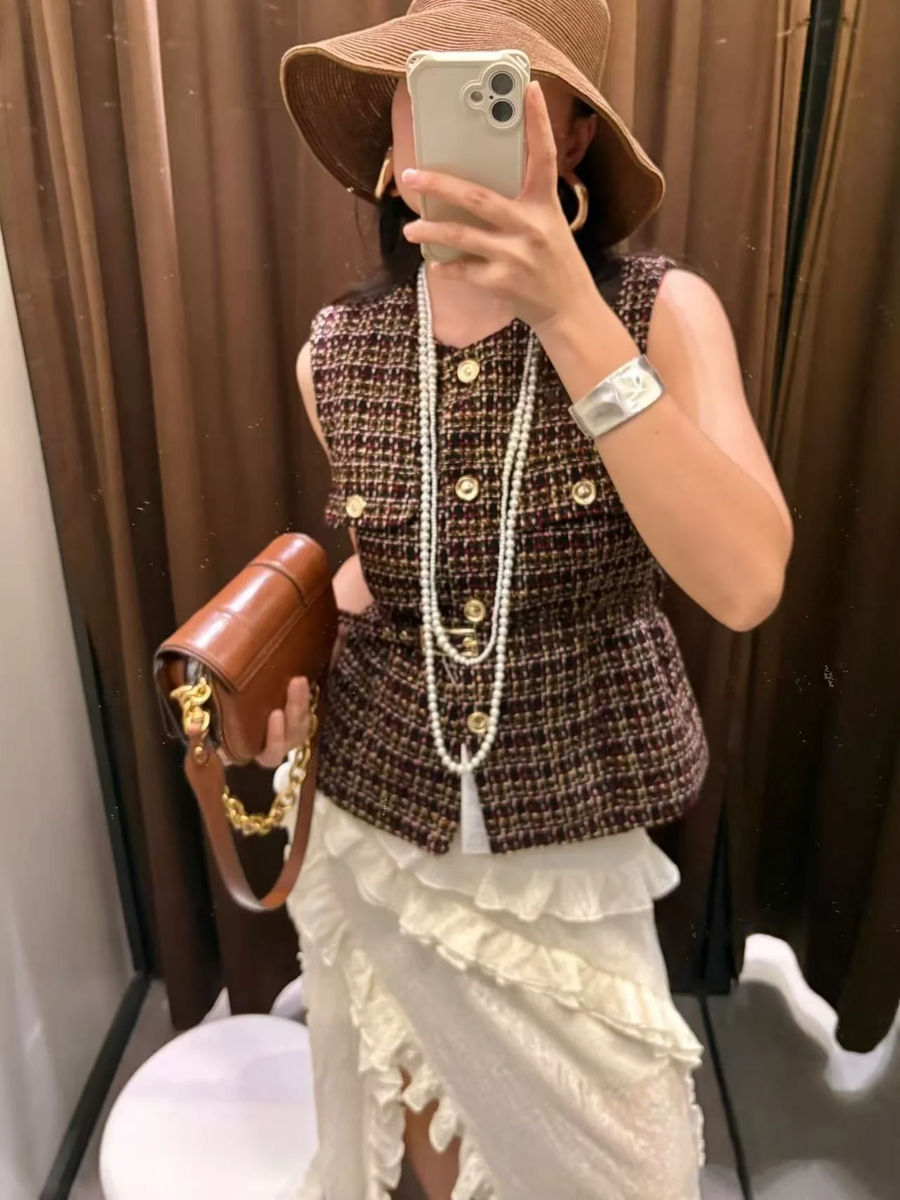 Automne 2025 Nouveau petit Fraance pour femmes, ceinture taille haute, taille Svel en texture, débardeur de luxe en polyester léger...