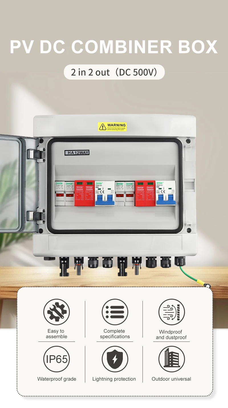 DC 500V 2 Eingänge 2 Ausgänge Solar-Photovoltaik-PV-Kombiniererbox mit Überspannungs- und Blitzschutz, DC-Sicherung, MCB, SPD, wasserdichte Box IP65 – Detail 1