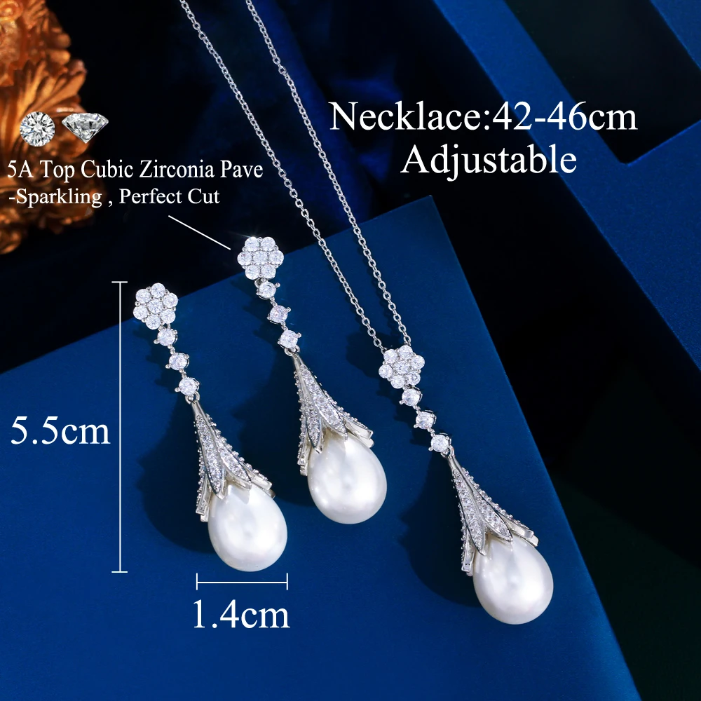 CWWZircons Chic White Cubic Zircon Long Dangle Drop Leaf Pearl Pendant Necklcae and Earrings Women Daily Party Jewelry Set T754