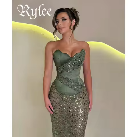 Rylee Green Strapless Wedding Party Dress Customized Beaded Sleeveless Evening Dresses Court Train Mermaid vestidos de fiesta
