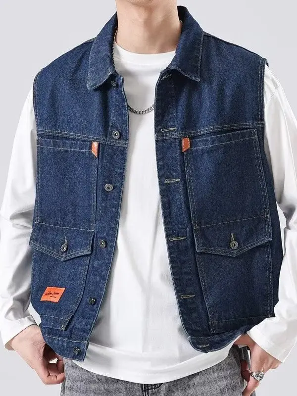 Wear-Resistant Denim Vest for Men Loose Fit Multi-Pocket Workwear Casual Youthful Style Autumn Outerwear
