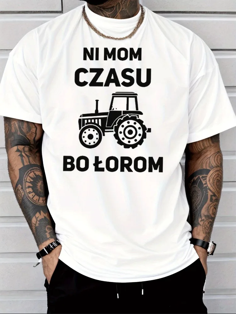 Men Summer Crew Neck Short Sleeve T Shirt Tractor Polish Letter Print Casual Loose Farmer Streetwear Daily Fashion Tops