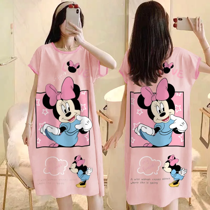 Disney Cartoon Mickey Minnie Donald Duck Daisy Print Women Nightdress Summer Loose Dress Cute Sweet Girl Homewear Pajamas