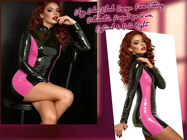 Sexy glänzendes, figurbetontes Minikleid aus PVC-Latex für Damen, schwarzes und weißes Patchwork, Stehkragen, lange Ärmel, Reißverschluss, Clubwear für Party und Rave – Detail 4