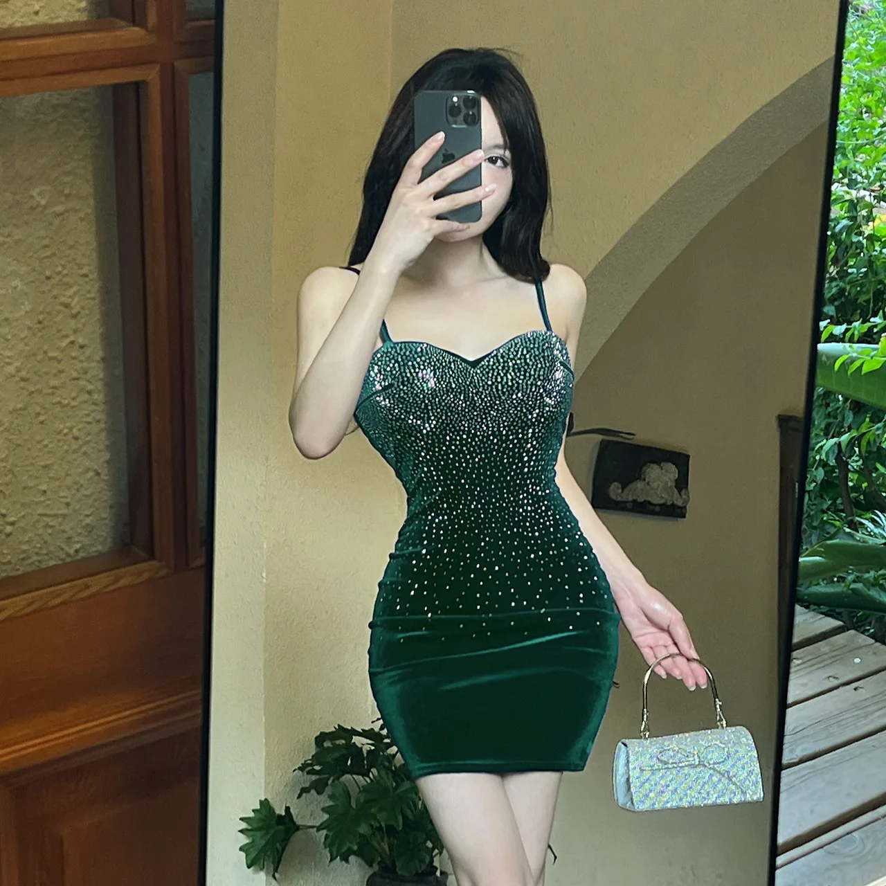 Sexy Celebrity Style Buttocks Short Skirt Fashion Spice Girl Low Chest Golden Velvet Hot Diamond Evening Dress Suspender Dress