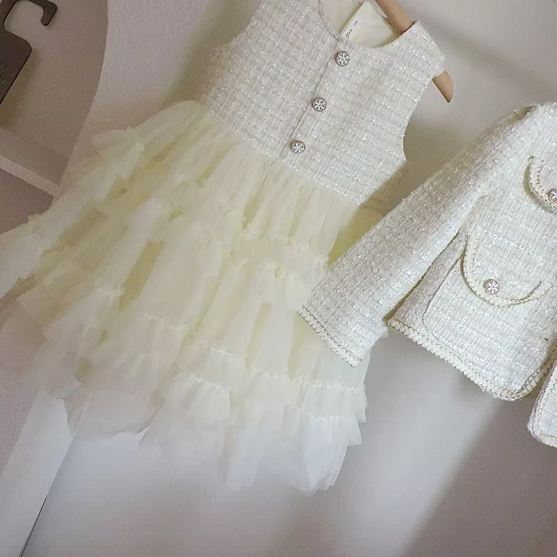 Girls Spring Autumn Fashion Set 2026 New Children's Sweet Jacket Princess Dress 2 Piece Outfit Kids Stylish Clothing Sets