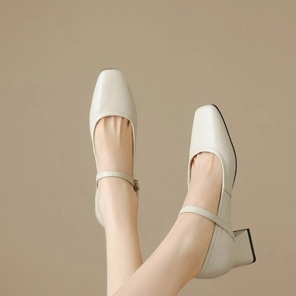 كعب منخفض المطاط بولي PU حذا فردي للسيدات الكورية نمط أحذية مسطحة القاع أقل من 3 سنتيمتر كعب مربع الانزلاق على الأحذية لارتداء اليومي #3