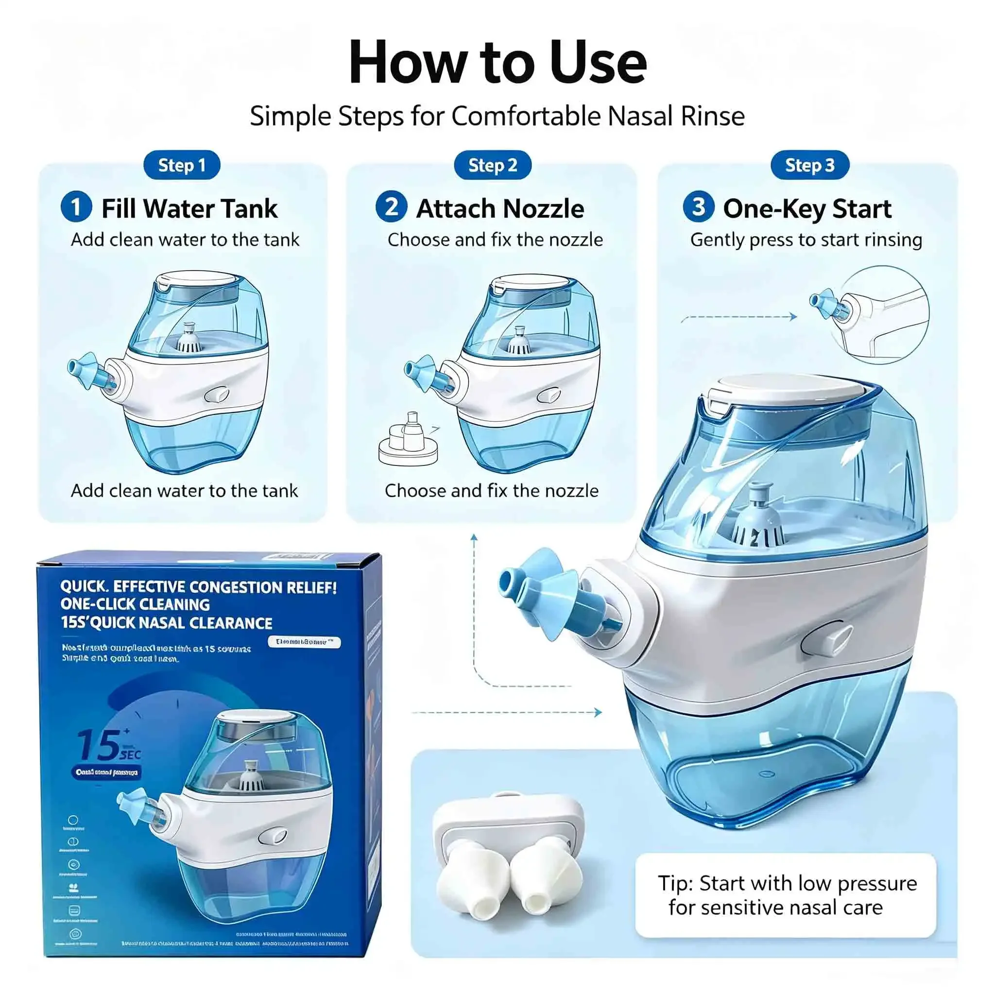 Nasal Irrigation System with Water Tank And Waste Collection for Sinus Rinse - Allergy Relief Nose Cleaner Machine