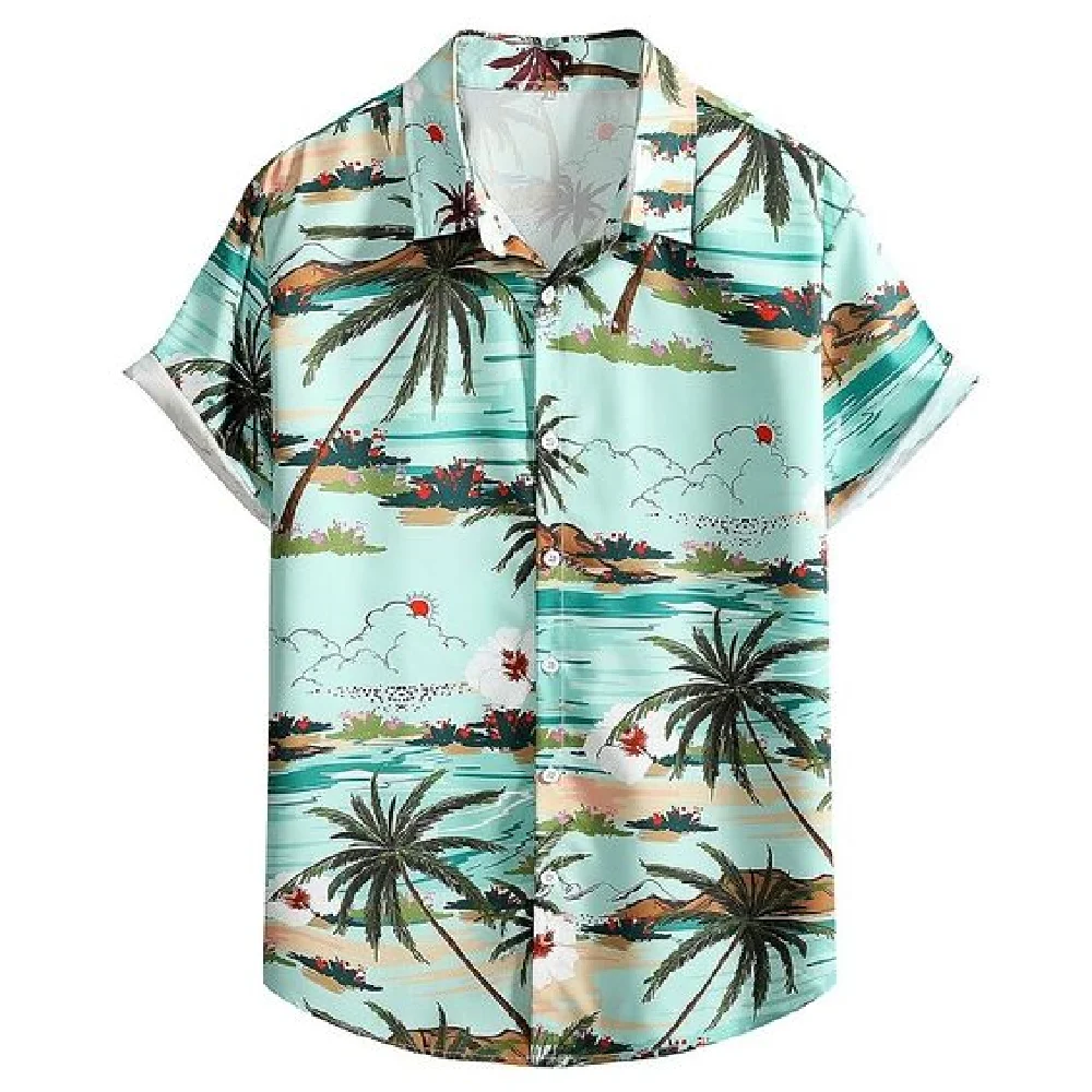 Hawaiian style men\'s short sleeved shirt with plant print pattern short sleeved lapel fashionable casual shirt top