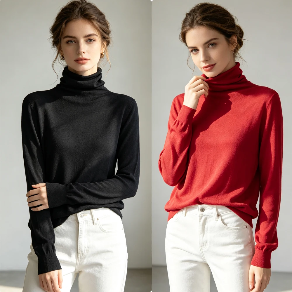 Women's Fashion Autumn New Natural Mulberry Silk Cashmere Blended High Collar Long Sleeve Hoodie Solid Inner Knitted Sweater