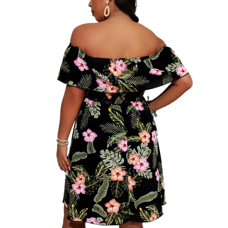 Elegant Women's Plus Size Casual Summer Flower Floral Print Dress Beach Off Shoulder Sundress Sexy Ladies Dresses Large Size