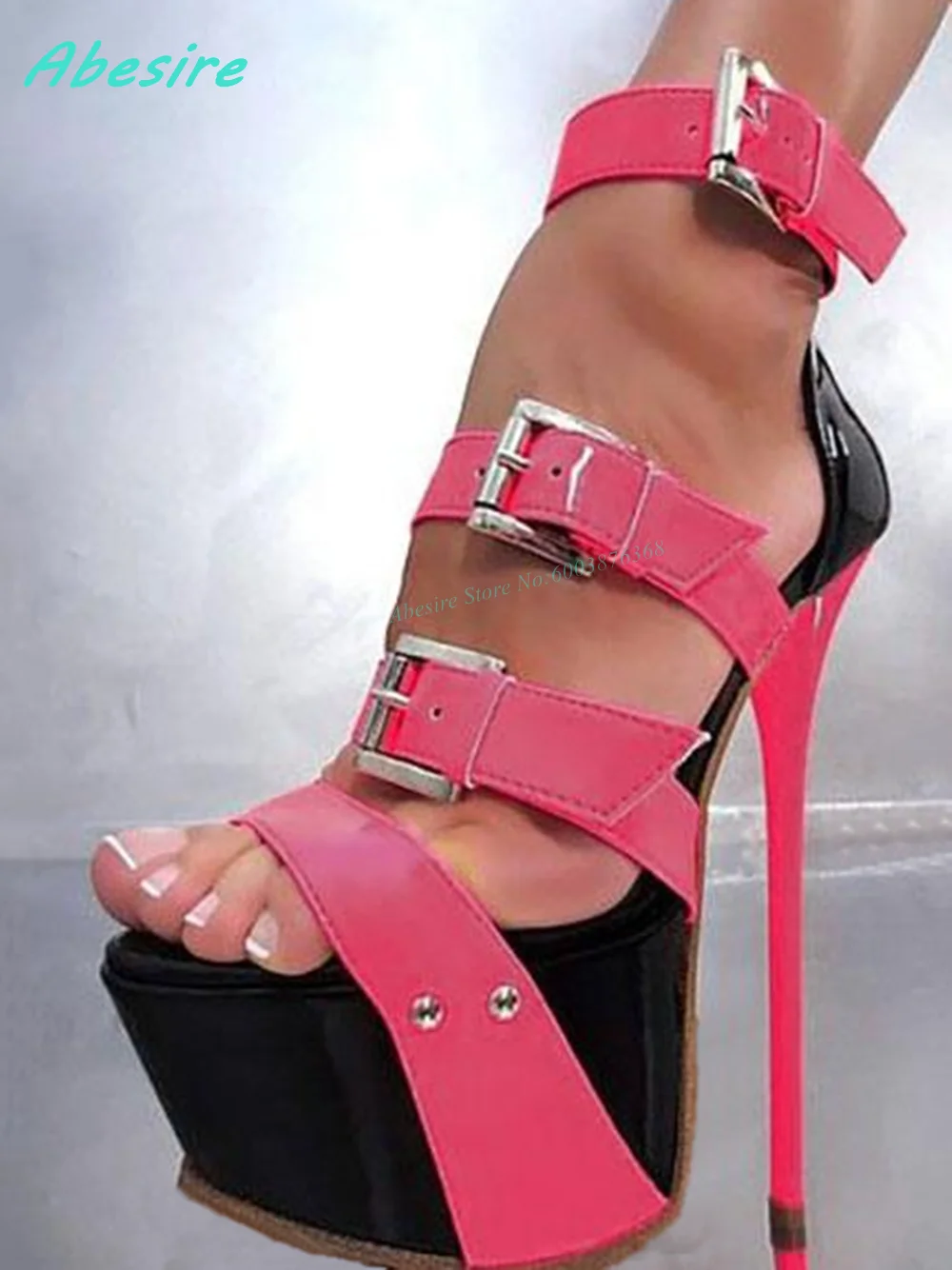 Pink Buckle Strap Platform Sandals Open Toe Multi-Buckles Stiletto Heels Shoes for Women Spicy Girls Summer Daily Fashion Shoes