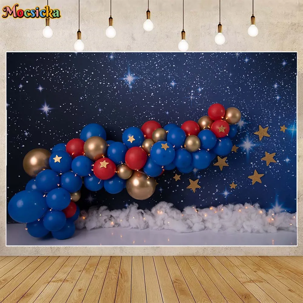 

Mocsicka Starry Sky Wall Blue Balloon Boys Photography Background Baby 1st Birthday Cake Smash Backdrop Photo Studio Shoot Props