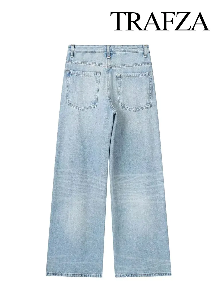 TRAFZA-Jean Long en Denim pour Femme, Pantalon à Jambes Larges, Cool, High Street, 4 Couleurs, Porté en Toutes Saisons, 2023