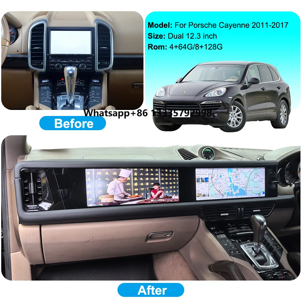 

Dual Screen Android 13 System Car Dvd Player Dashboard Car Stereo for Cayenne 11-17 Carplay Compatible for Porsche