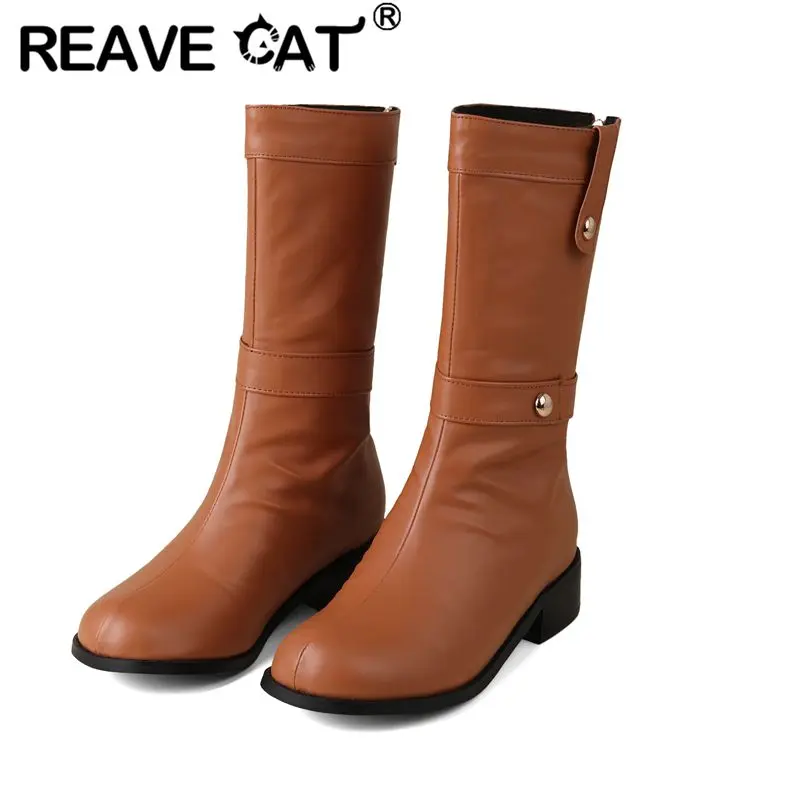 

REAVE CAT Women Mid Calf Boots Round Toe Block Heels Zipper Plus Size 45 46 47 Leisure Retro Female Daily Booties Autumn Winter