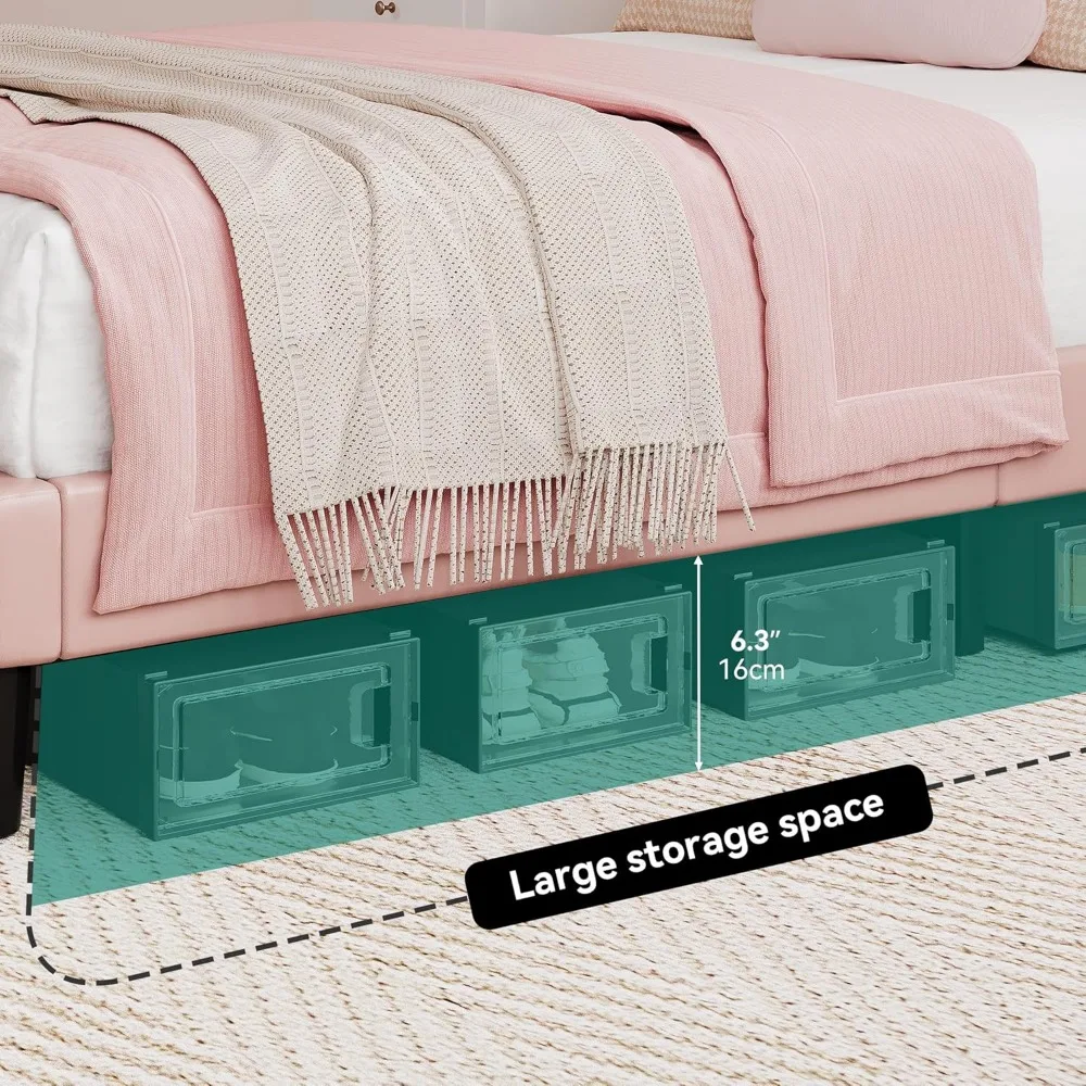 إطار سرير كامل وردي DWVO مع ضوء LED، سرير منجد من جلد البولي يوريثان، لوح رأسي قابل للتعديل، سرير بمنصة LED، دعامة خشبية،