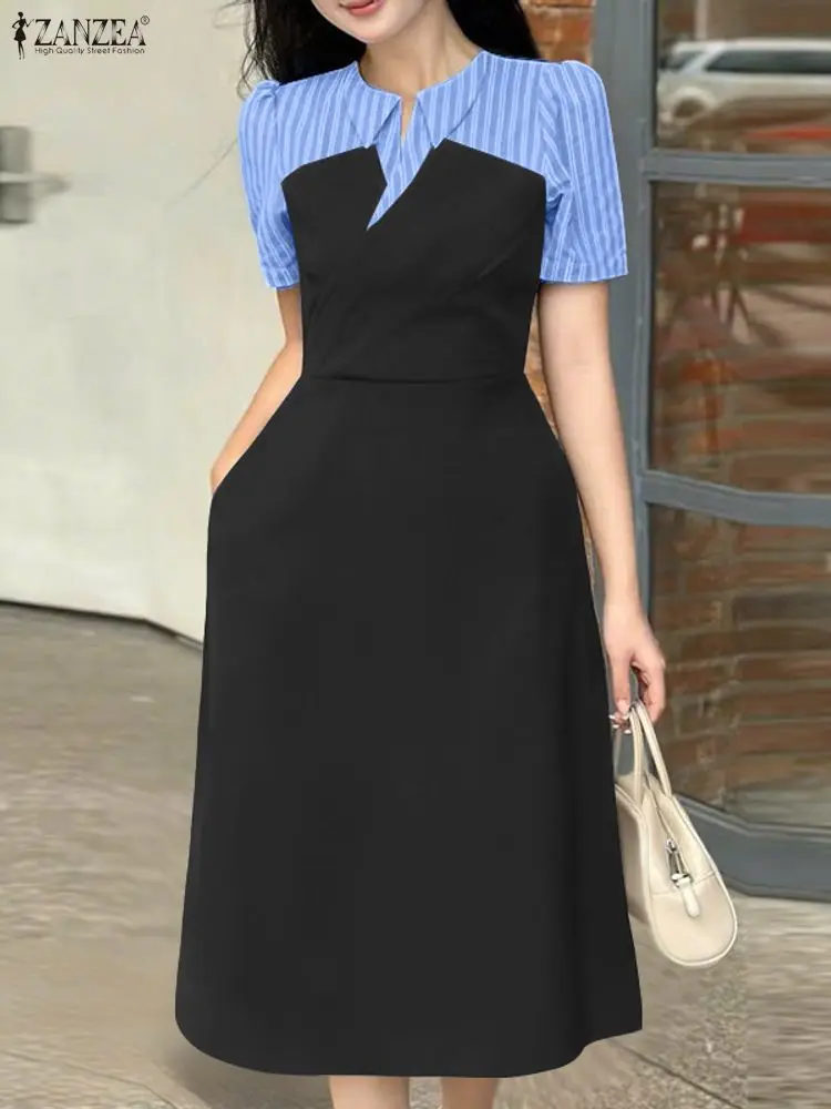 ZANZEA Stylish Women Patchwork Dresses 2025 Summer Dress Elegant Lapel Neck Short Sleeve Office Stripe Sundress OL Work Vestidos