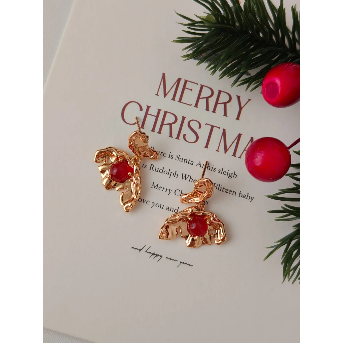 NEW ​ Full Body S925 Pure Silver Plated With 18K Real Gold | Red Agate Earrings 100660