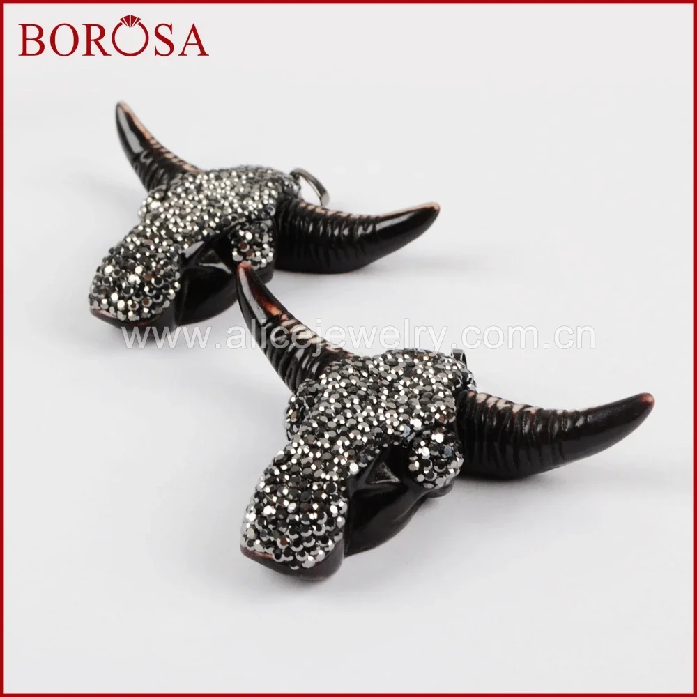 

BOROSA Black Resin Head Buffalo Cattle Horn Pendant Beads New Arrival Charm Rhinestone Pave Black Zircon Jewelry Birthstone Gift