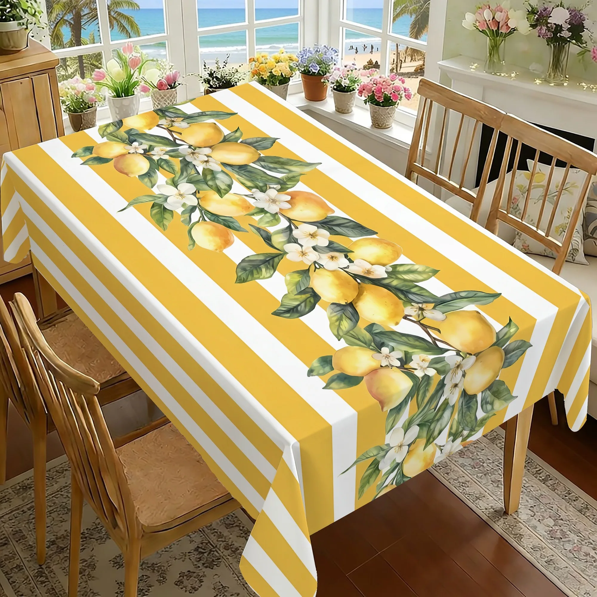 1pc Summer Striped Lemon Print Tablecloth, Yellow White Stripes And Lemon Branch Design, High Definition Printing, Durable And Machine Washable, Rectangular/Square Tablecloth, Easy Straight Edge, Suitable for Table Decoration, Indoor/Outdoor Dining