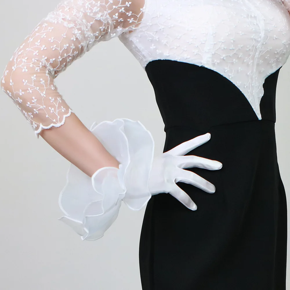 Silk Lace Gloves Elastic Mercerized Silk Satin White Ultra Short Large double-Layer Mesh Organza Ruffle Women Gloves WSG03