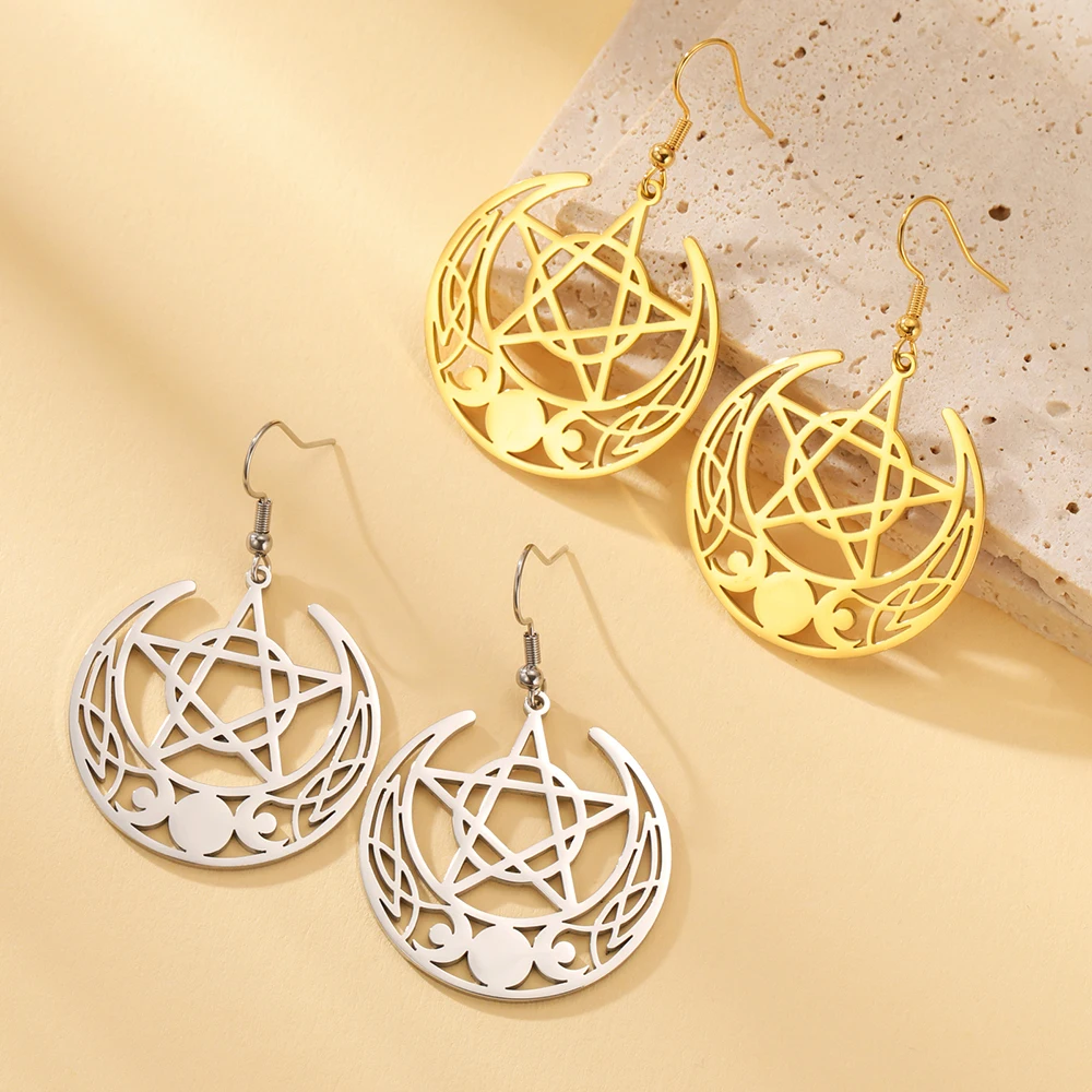 Dawapara Triple Moon Earrings Pentagram Lilith Symbol Moon Phase Hecate Wheel Spiral Fertility Goddess Pendant Stainless Steel