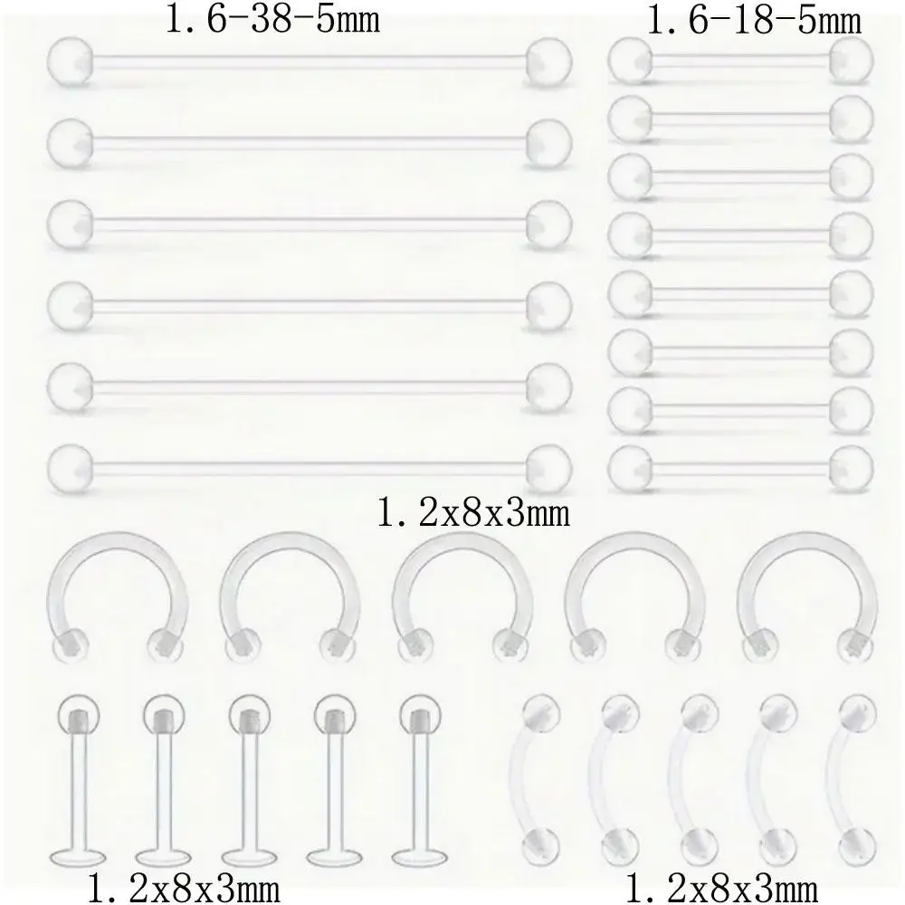 1/29Pcs Set Mix Style Clear Flexible Lip Ear Nose Septum Eyebrow Nipple Tongue Rings Retainer Horseshoe Industrial Barbell