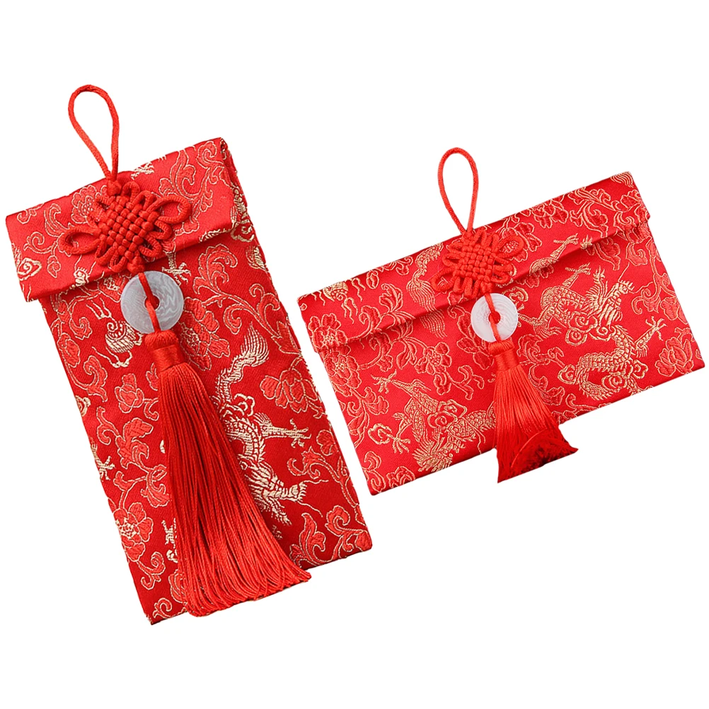 

2 Pcs Chinese Gift Red Envelope Festive Embroidery Envelopes Style Lunar Calendar Classic and Elegant New Year Brocade
