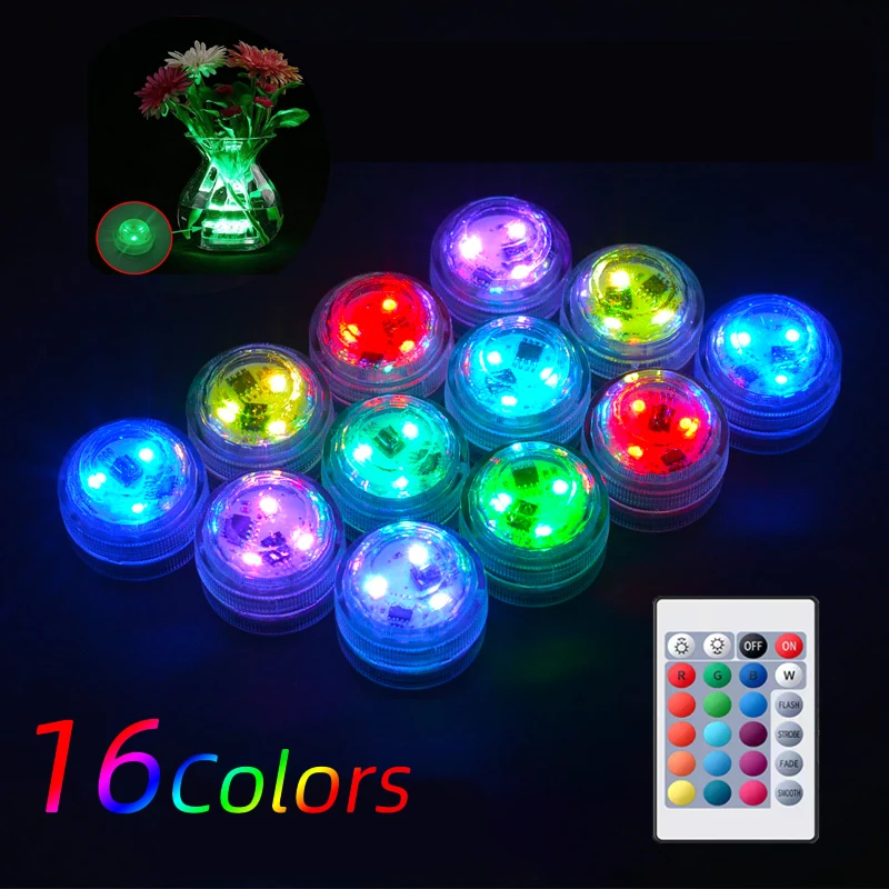 

16 Colors Mini Submersible Outdoor Lighting UnderWater Led Light IP68 Waterproof Coin Cell RGB Light Fish Tank Vase Decoration