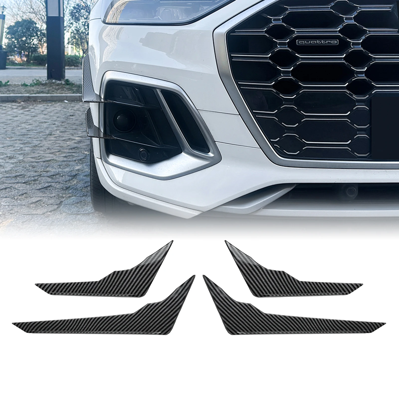 

Для Audi Q5 FY Sline 2020-2024: Накладки на боковые воздухозаборники переднего бампера (под карбон/глянцевый черный), рамки воздухозаборников, канарды