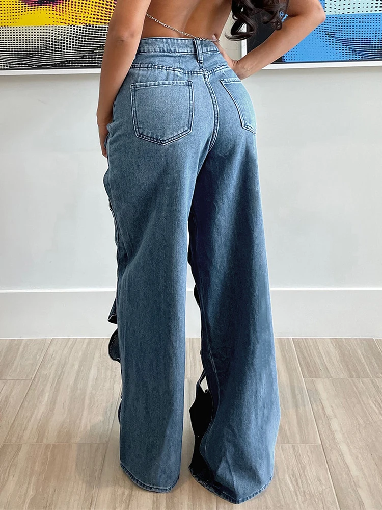 DEAT Trendy New Items Women\'s Hollow Out Elastic Straight Jeans 2024 Spring Fashion High Waist Buttons Denim Pants Female 33A691