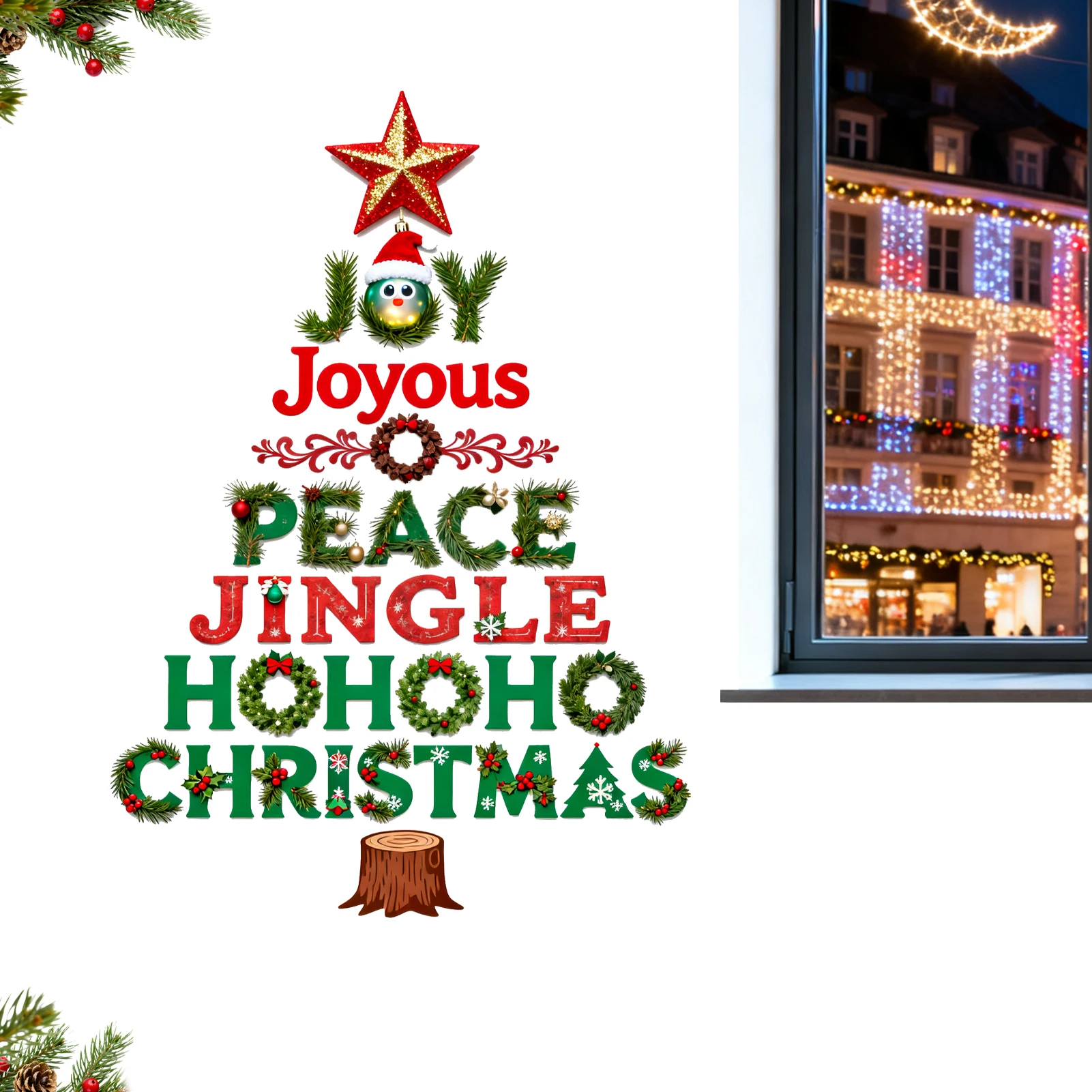Merry Christmas Tree Wall Sticker, Christmas Quote Wall Sticker, Christmas Decoration Sticker, Joy Love Peace Holiday Decoration