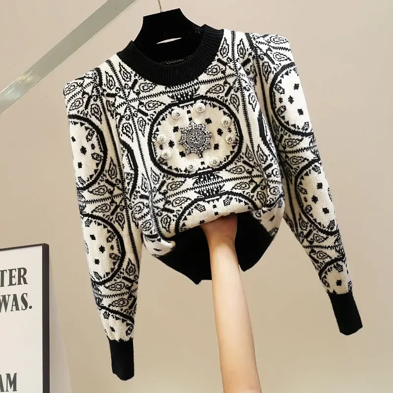 Autumn Winter Vintage Bright Line Decoration Knitting Top Tee Women Clothing Trend Patchwork Printing Pullover O-neck Knitwear