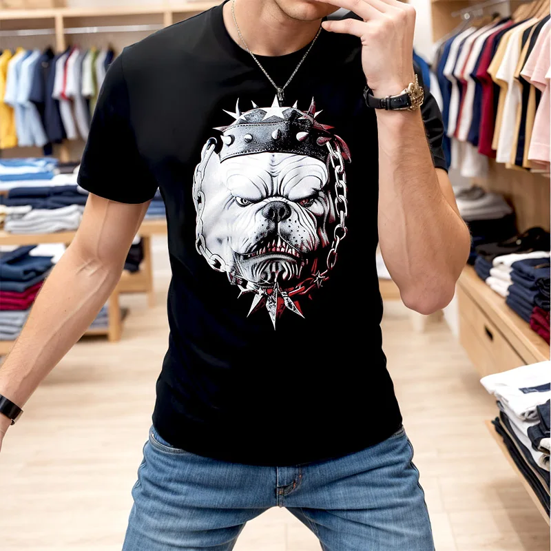 

Chun yu yin jia Designer luxury brand Pattern 3D Dog Print Short-Sleeved t Shirt for man Black men tee