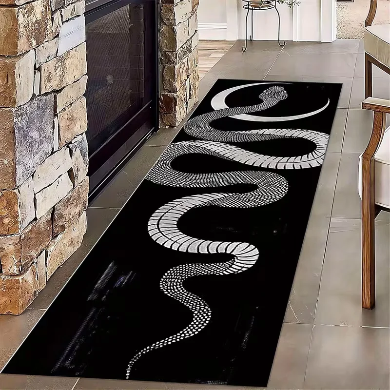 Large Black Snake Patterned Running Carpet with Floral and Arrow Patterns Featuring Moon Stars and White Spots Modern Carpet
