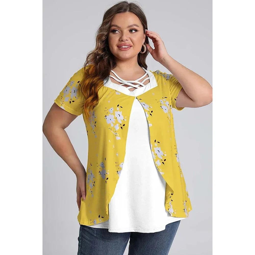 Plus Size Summer Casual Cross Strap Short Sleeve Floral Print Blouses