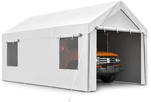 Carport, 10' x 20' Heavy Duty Carport with Roll-up Windows，Portable Garage with Removable Sidewalls, Car Canopy with