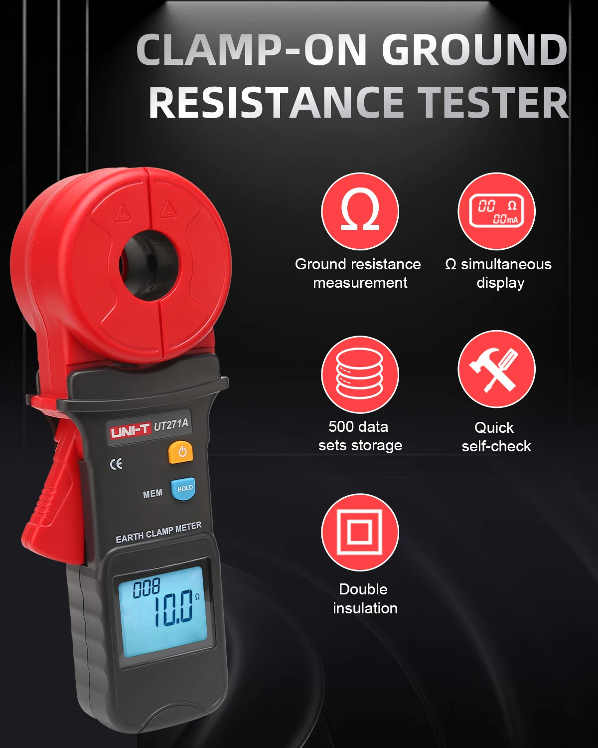 UNI-T UT271A/B/C Clamp Ground Tester Φ32mm 0.01‑395/590/1000Ω Earth Resistance Leakage Meter for Telecom Power Oil Fields